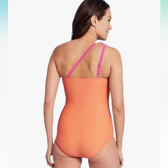 Lands' End Coverage Tummy Control One Shoulder One Piece Swimsuit Pink Orange M - Picture 2 of 9